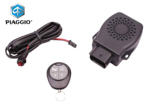 Elektronisch alarm systeem voor Piaggio / Vespa 4T 3V iGET E4 (Euro 4) met afstandbediening. Plug-and-play aan te sluiten met bijbehorende kabelboom (los bij te bestellen).