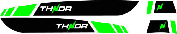Complete stickerset bestaande uit fluorescerend groene striping met "THNDR"-embleem voor voor- en zijvlak | Vespa Sprint / Primavera