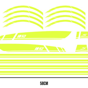 Complete stickerset bestaande uit fluorescerend gele striping met "S"-embleem voor voor- en zijvlak en wielstickers | Vespa Sprint / Primavera