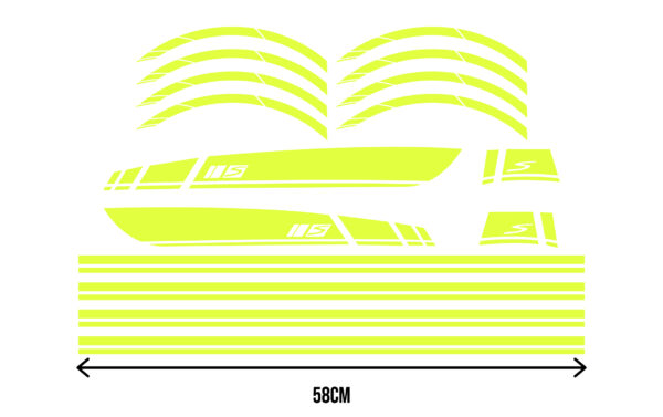 Complete stickerset bestaande uit fluorescerend gele striping met "S"-embleem voor voor- en zijvlak en wielstickers | Vespa Sprint / Primavera