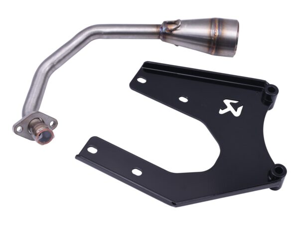 RVS voorbocht en ophangbeugel met glans zwarte poedercoating voor montage Akrapovic (S-VE125R1-HZBL/1) op 50cc Vespa / Piaggio 4T 4V (4-klepper) modellen. € 40